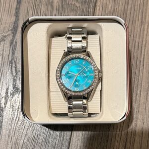 Fossil Women's Silver Watch with Blue/Green Dial